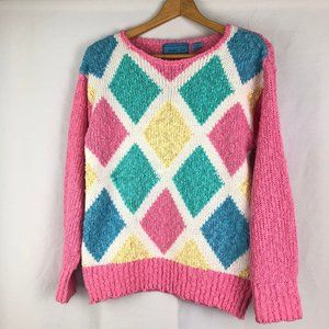 Vintage Kawaii Sweater Fairy Kei Grandma Diamond Geometric Colorful Knit Top
